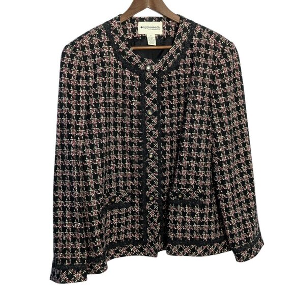 Appleseeds Womens Tweed Jacket Sz 20 Black & Pink Plaid Long Sleeve Lined - Picture 8 of 12